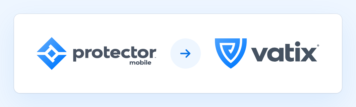 The Protector Mobile logo, an arrow, then the new Vatix logo